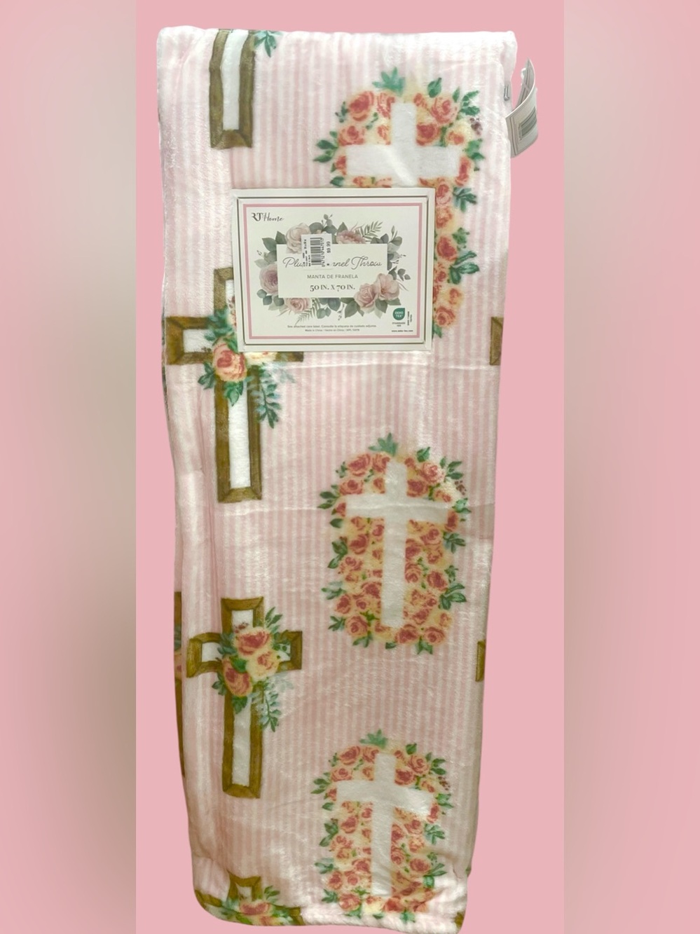 Southern Cross Plush Throw Pink White Hearts Roses Cross Striped 50x70 NEW NWT